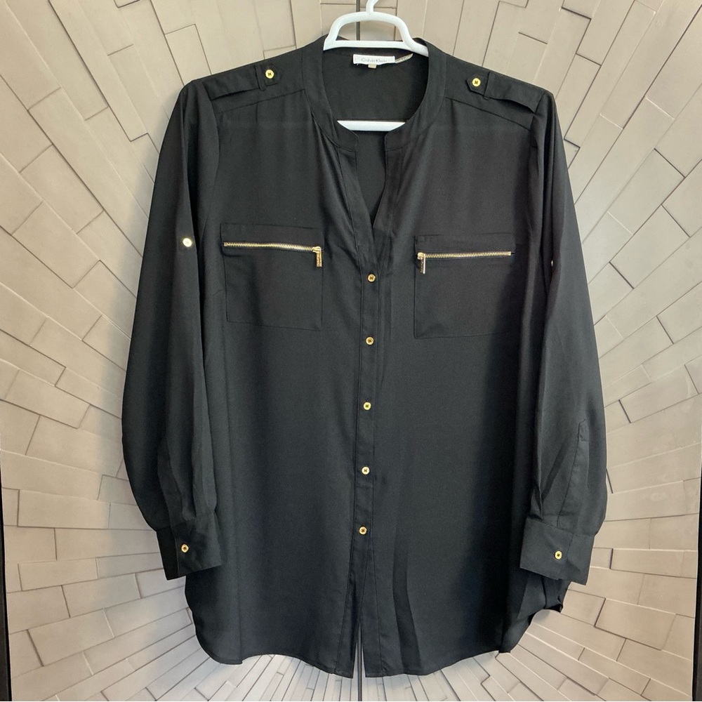 Calvin Klein Black Shirt Gold Accents Button Down Size 1X